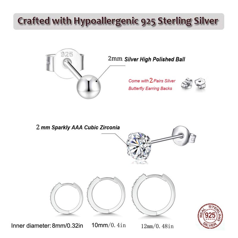 GULICX 3 Pairs Sterling Silver Small Hoop Stud Earrings Cubic Zirconia Cuff Earrings, Tiny Cartilage Huggie Hoop Sleeper Earrings Ball Earrings Piercing Jewellery for Women - Image 3